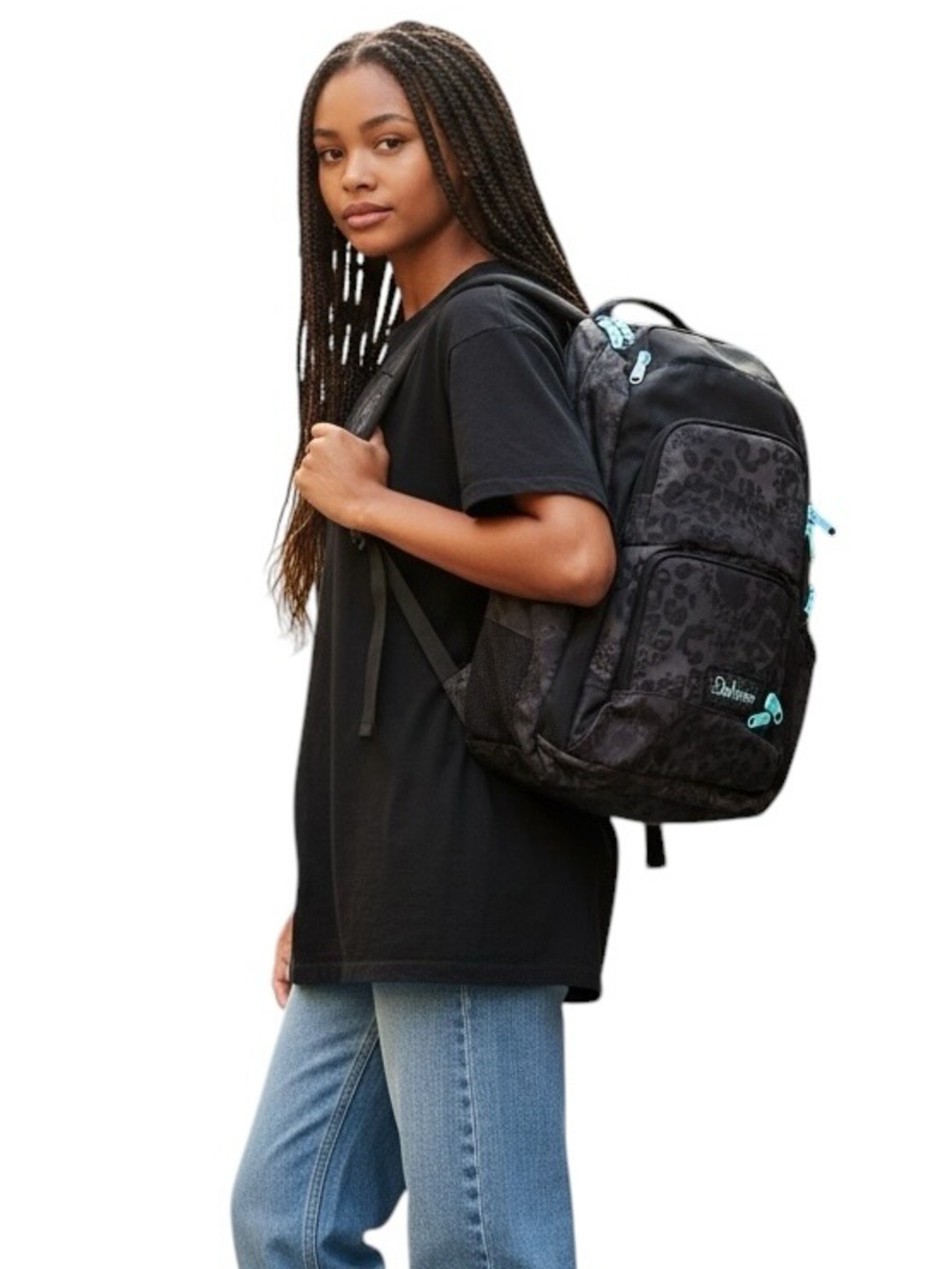 Dakine Black Leopard-Print Backpack with Teal Zipper Accents